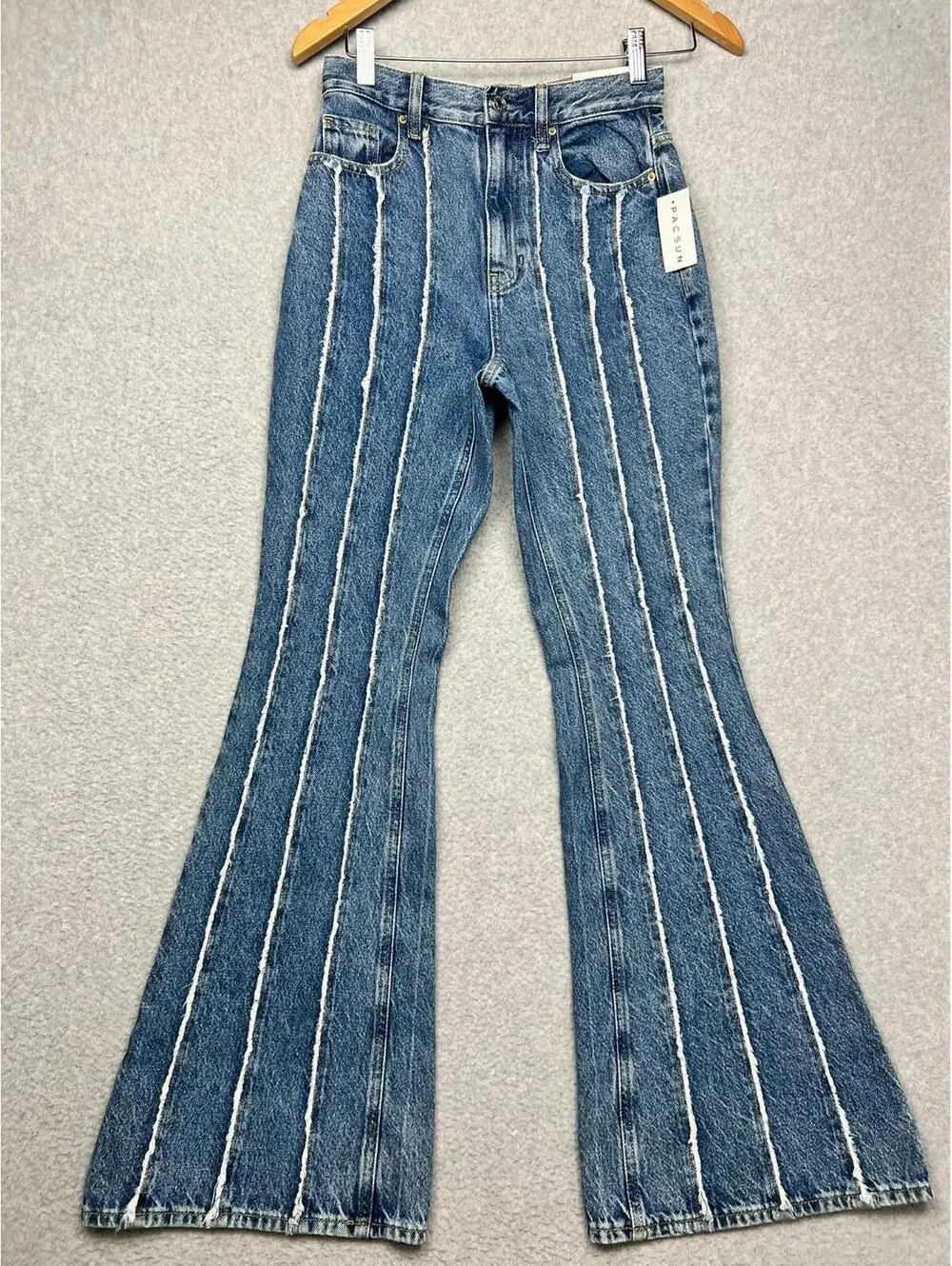PacSun Frayed Stripe High Waisted Flare Jeans 25 Blue White Boho Retro Y2K Eco